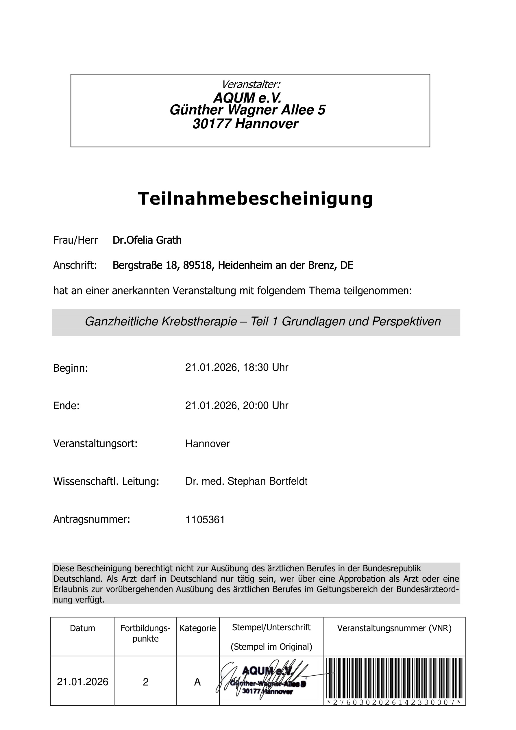 Fortbildung: Ganzheitliche Krebstherapie Teil 1, 2026