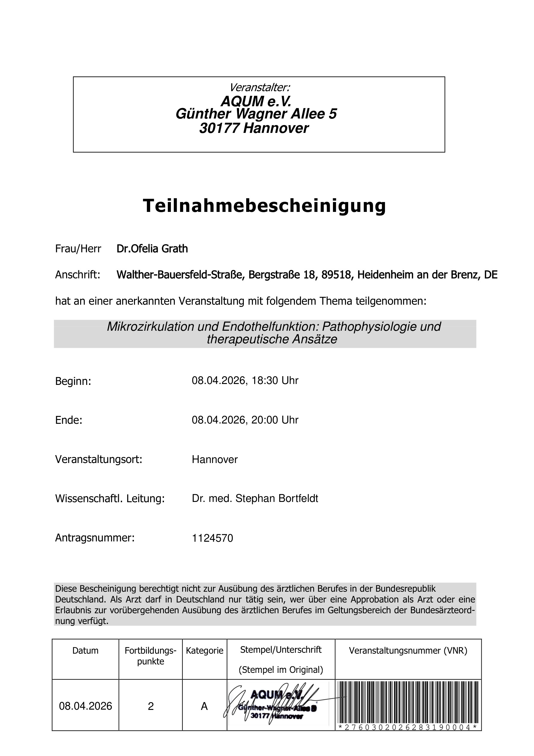 Fortbildung: Mikrozirkulation und Endothelfunktion, 2026