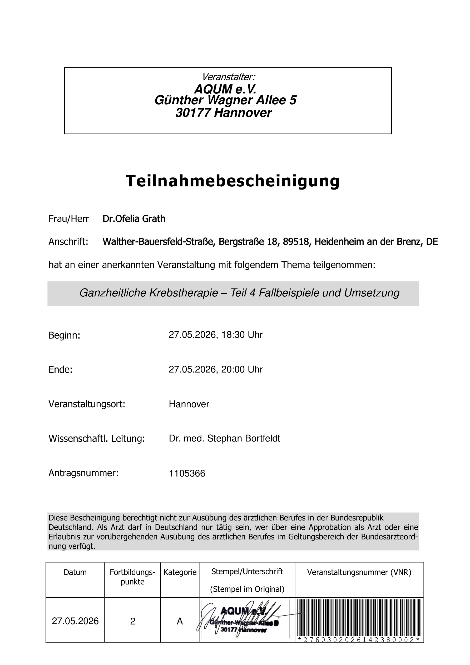 Fortbildung: Ganzheitliche Krebstherapie Teil 4, 2026